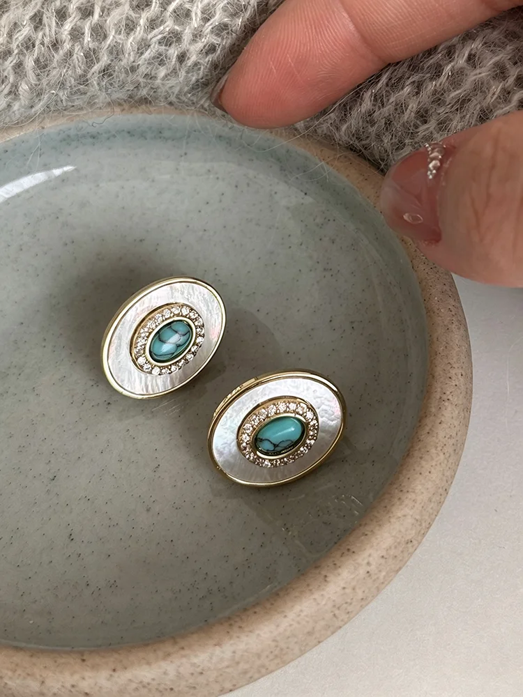 2026 Ovale Natürliche Muschel-Türkis-Ohrstecker für Damen Vintage Vergoldet Kubischer Zirkonia Böhmischer Eleganter Alltagsschmuck Geschenk – Detail 10