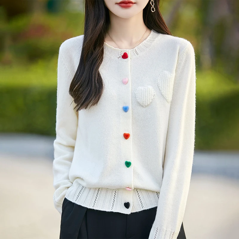 

Новая мода из чистой шерсти, кардиган с длинными рукавами и круглым вырезом, свитер на пуговицах, корейский жаккардовый вязаный кардиган Love, женская одежда