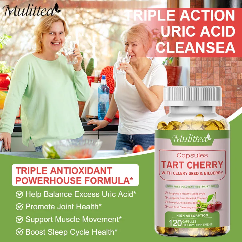 Mulittea Natural Organic Tart Cherry Extract Capsule with Bilberry Fruit and Celery Seed Premium Uric Acid Cleanse Beauty Health