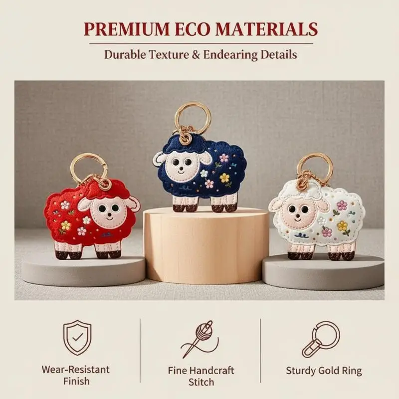 Cartoon Sheep PU Leather Protective Sleeve Access Control Card Cover Keychain Embroidery Card Holder For Bag Decor New Year Gif