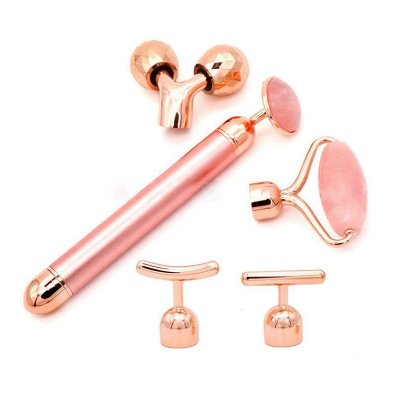 2x 5-In-1 24K Goud Beauty Bar Face Massager Elektrische Rozen Kwarts 3d Roller Face Lifting Body Gua Sha Jade Roller