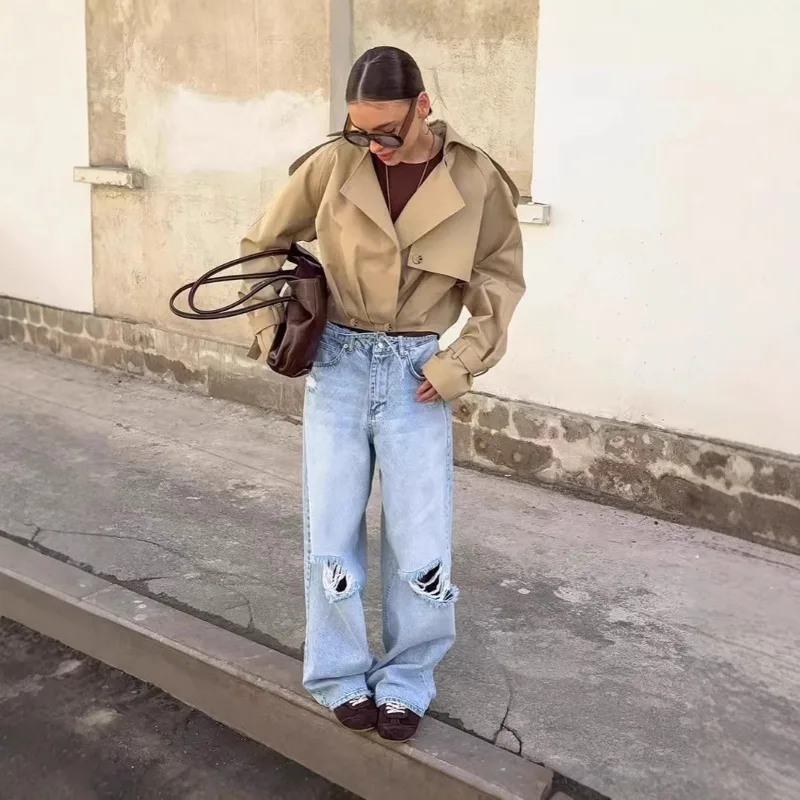 

Women's New Arrivals Autumn Retro Workwear Trench Coat Jacket Short Top Coat Loose Fit Turn-down Collar Double-breasted Clothes