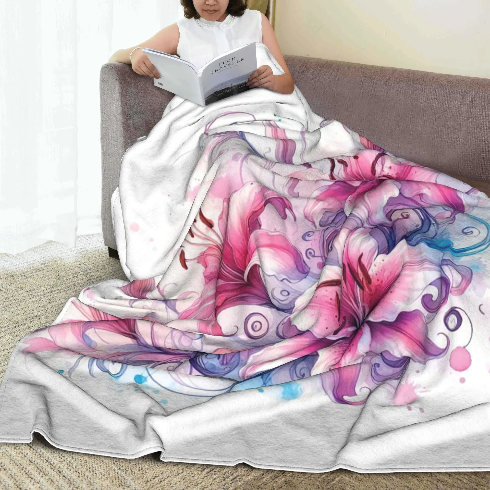 

Pink Lily Whimsical Pink Lily Swirl Blankets Multi-function Flannel Throw Blanket for Home Bedroom Travel Throws Bedspread Quilt