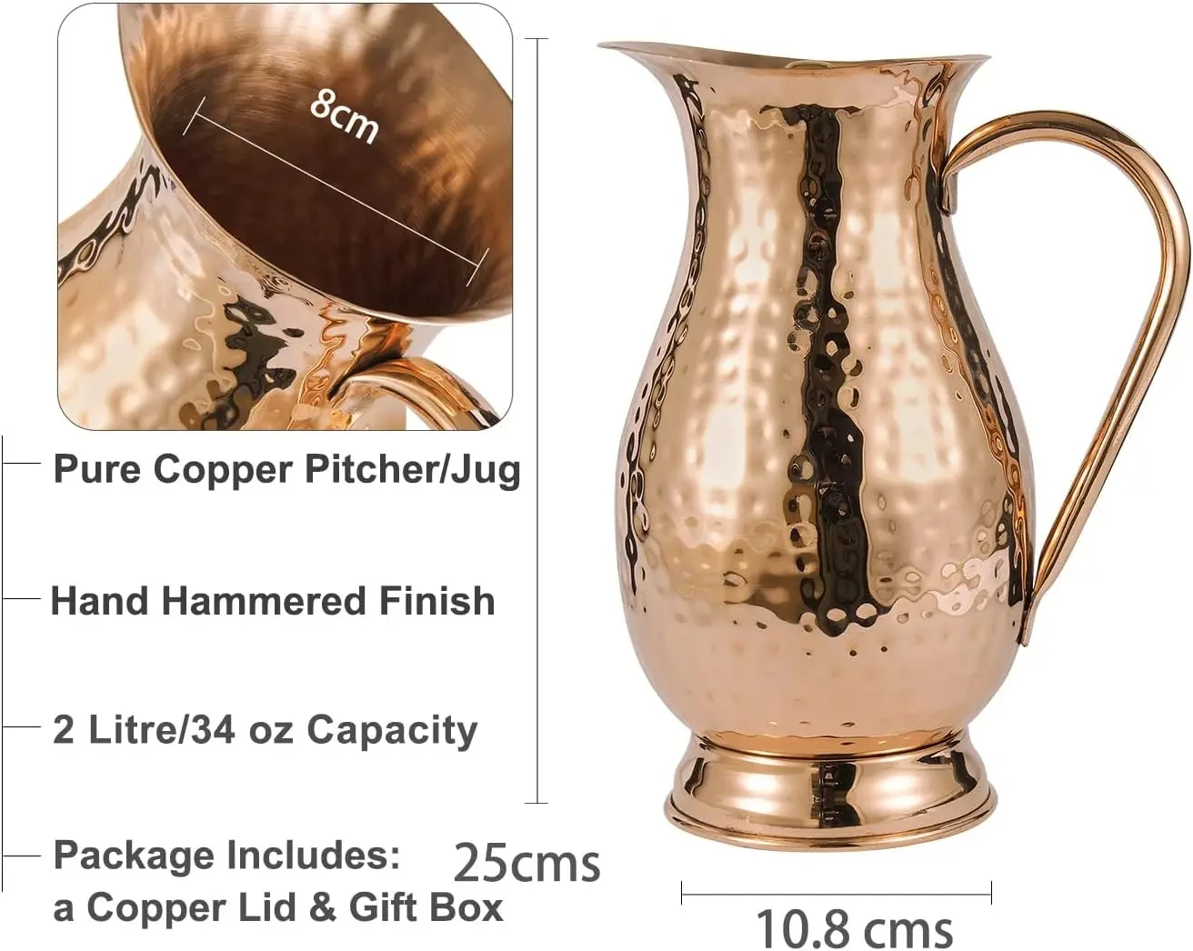 Pure Copper Pitcher with a Lid,Large Size Solid Copper Handcrafted Copper Water Hammered Jug,Capacity 70 Oz/Copper Carafe