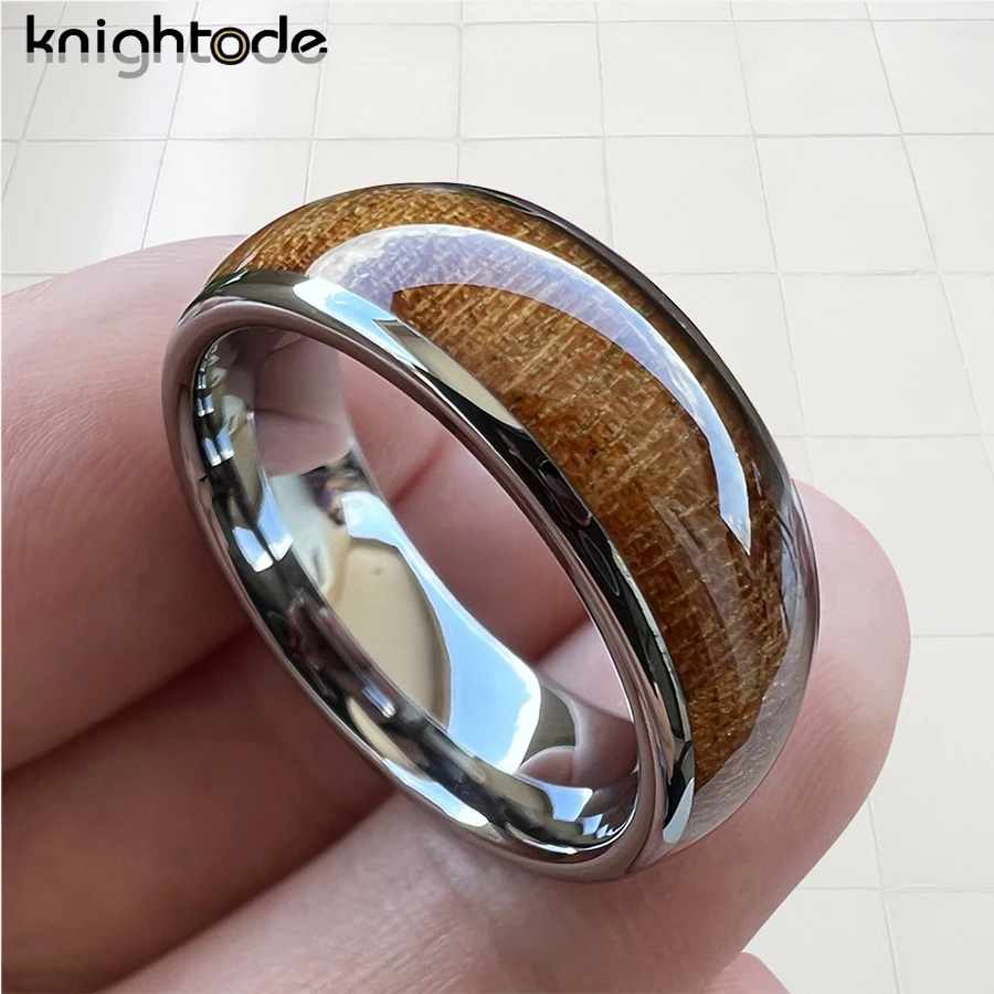 8mm Silvery Tungsten Wedding Band With Shallow Deep Redwood Inlay Engagement Rings Domed Band Polished Comfort Fit