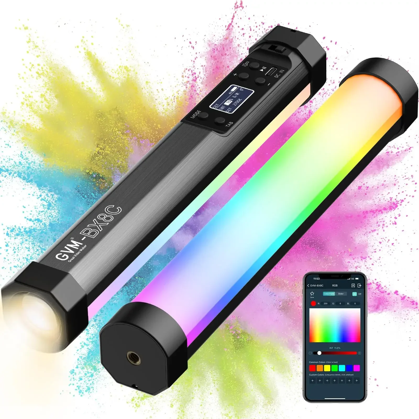 

GVM Official BX8C Portable Handheld RGB LED Video Light Wand Rechargeable RGBW Music Mode Photographic Video Stick Light