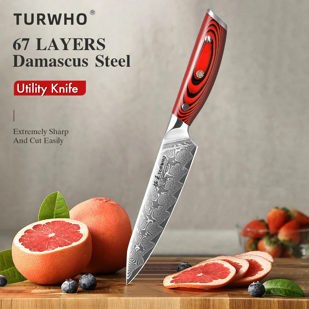 TURWHO 5-inch Utility Knife 67 Layers Damascus Steel Professional Chef Knives Kitchen Razor Shap Vegetable Peeling Fruit Knife