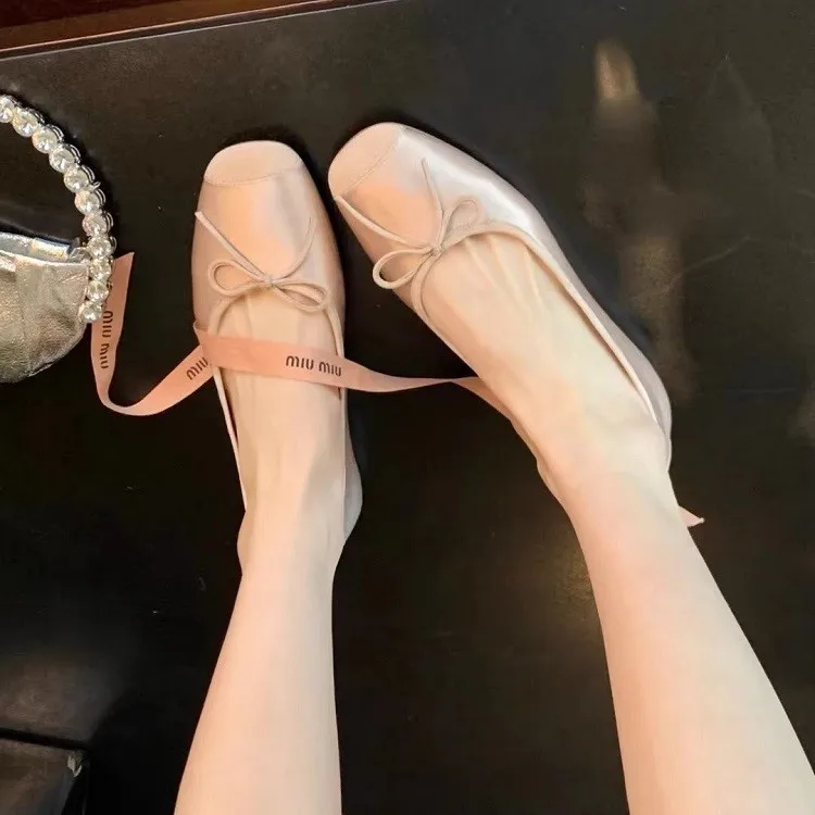 Flat ballet shoes large size 42 single shoes 2024 summer new round head shallow mouth flat sweet bow mary jane shoes