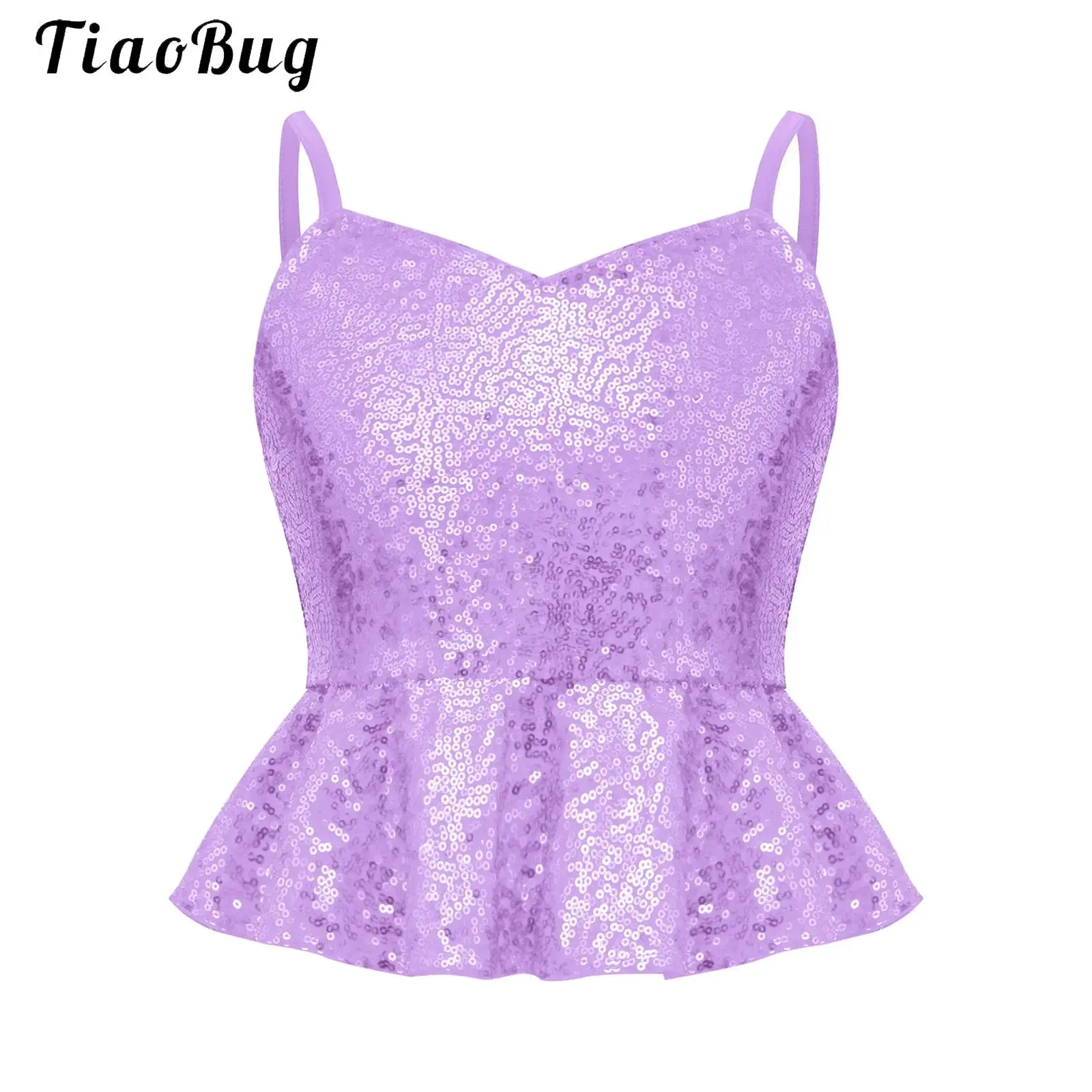 Kids Girls Sparkly Sequins Camisole Vest Sleeveless V Neck Zipper Ruffled Dacing Party Tank Top