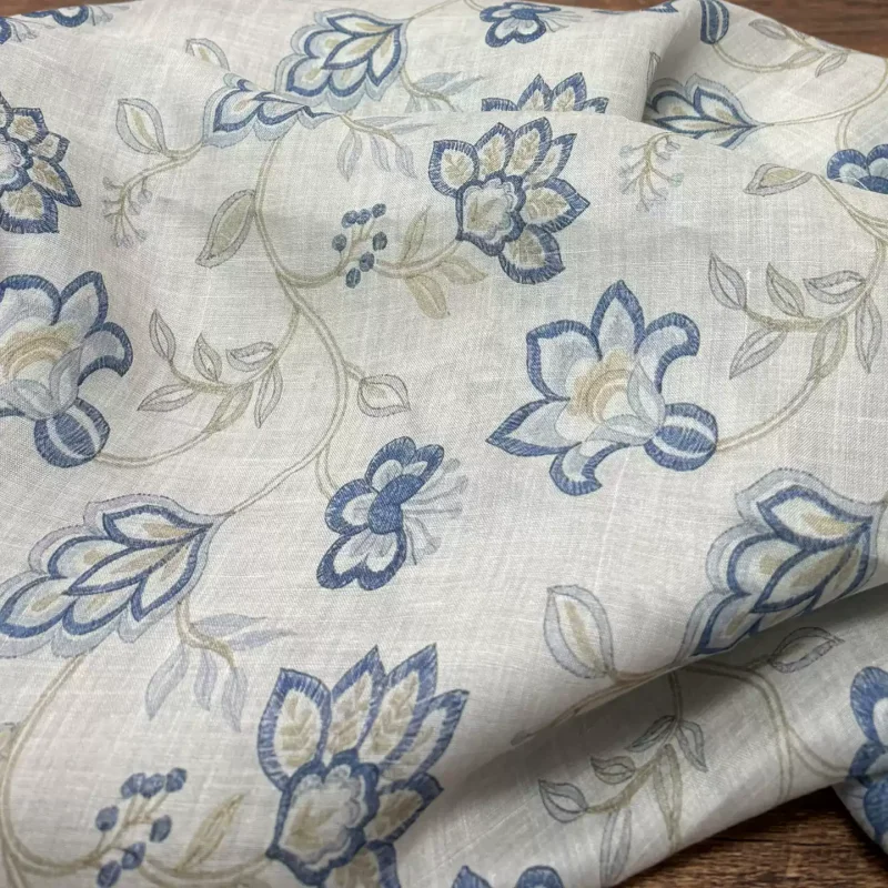 100% Ramie Summer Clothing Fabric Blue And White Porcelain Flower Oriental Entangled Branch Pattern Fresh Design for Garments