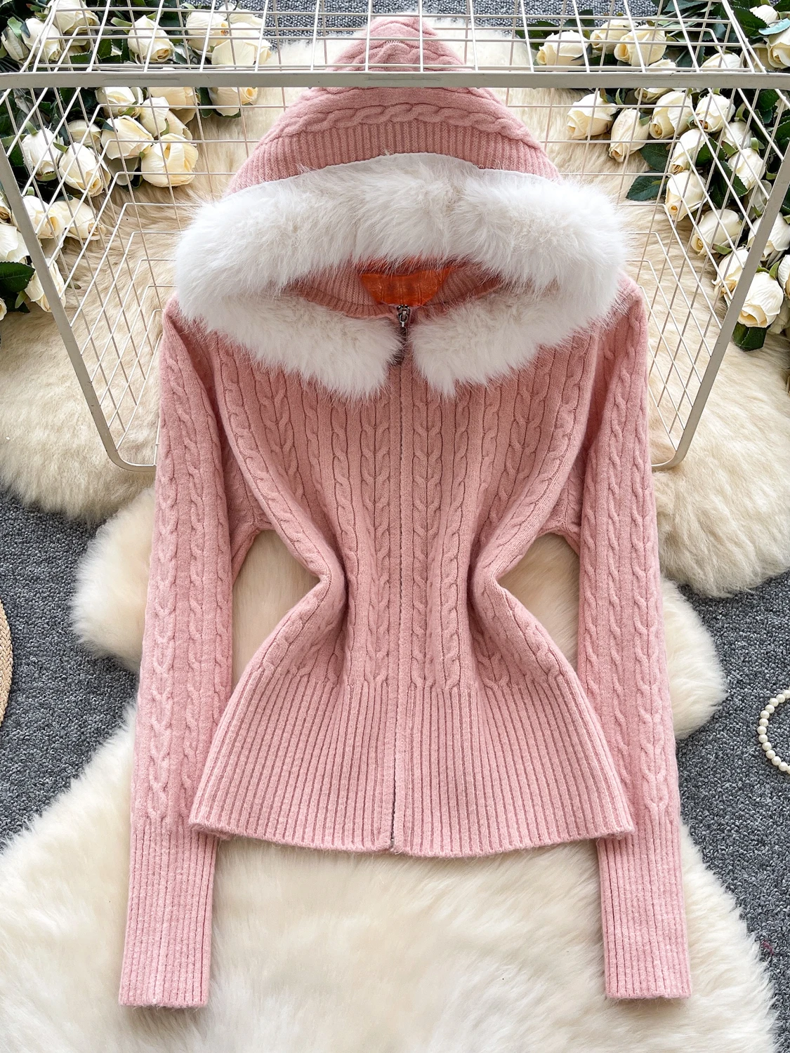 

Ladies' Knitted Zipper Sve Long Coat Warmth Leisure Sle Commute Faion Furry Collar Hooded Open Cardigan for Autumn Winter