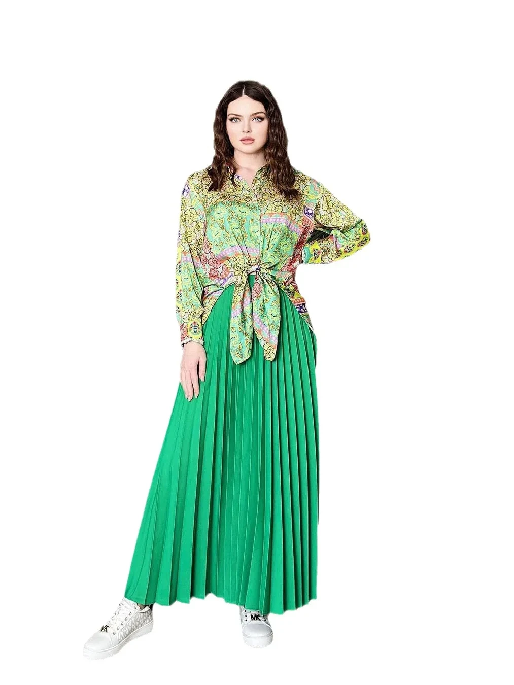 Women Eid Muslim Sets Musulman Ensemble Two Pieces Flowers Single Breasted Button Blouses Pleated Skirts Arab Morocco Casual