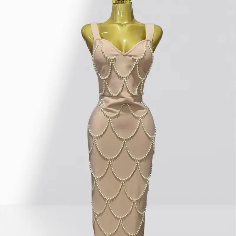 Fish Scale Design Sequin Smbroidered  Tight-fitting Khaki Color Long Dress Graceful Woman Birthday Party Dress