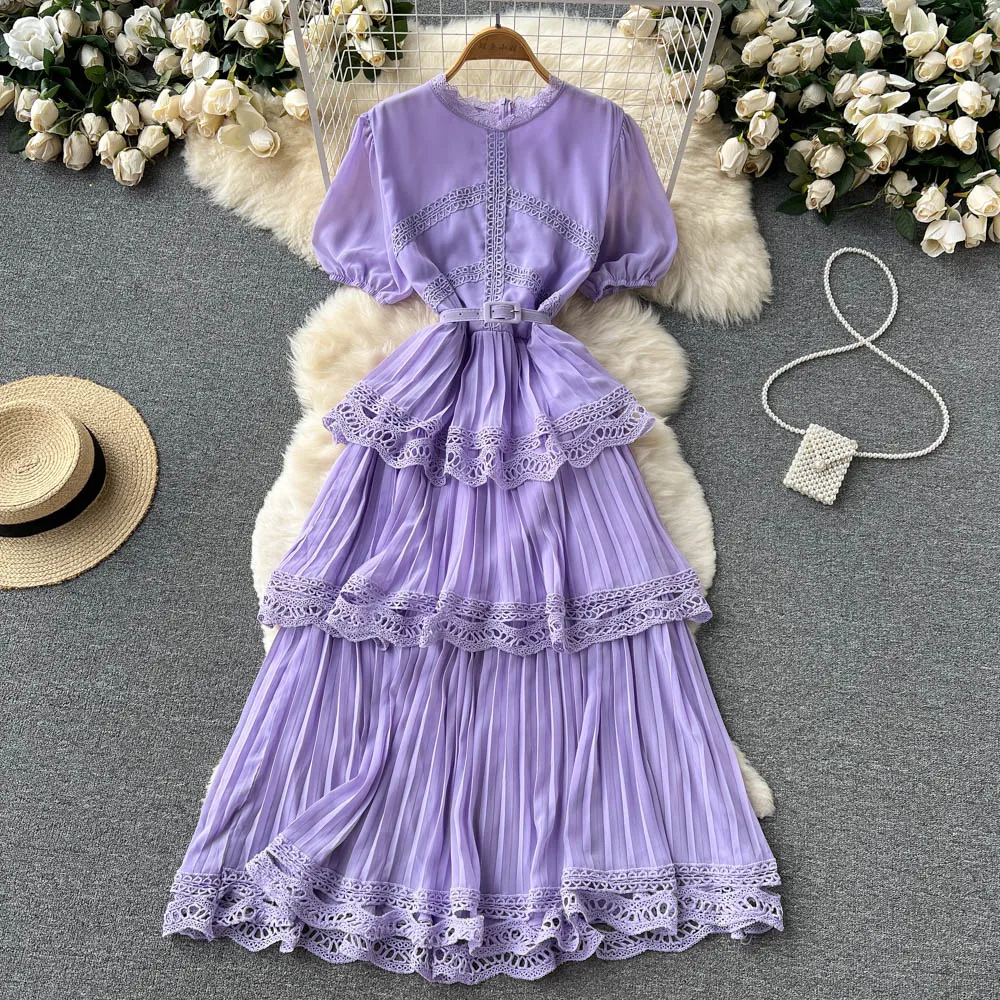 

Elegant White Chiffon Pleated Dress Summer Women Clothing 2022 Solid Puff Sleeves Lace Trim Cake Dress Fashion Vestidos Belted