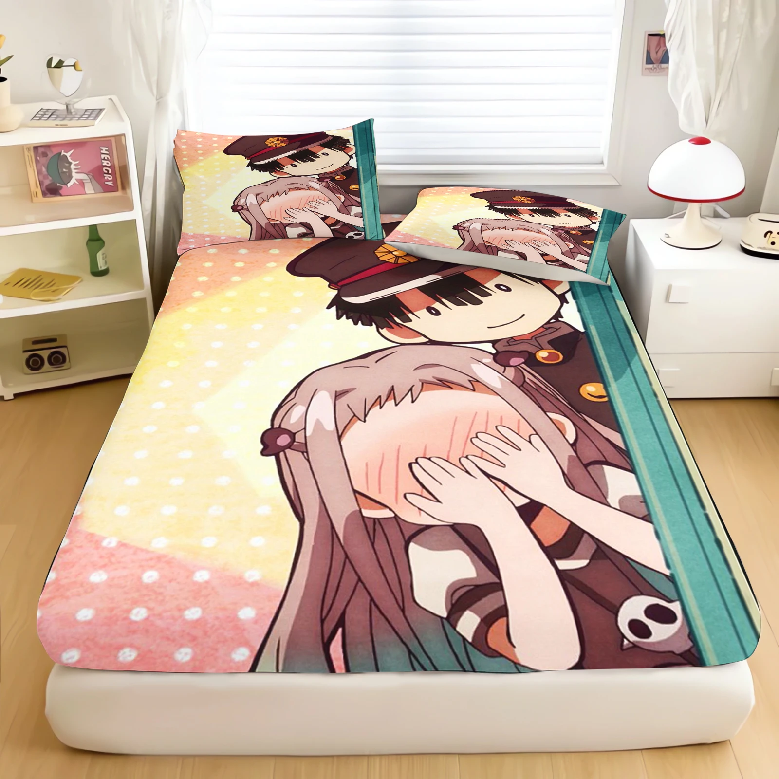 3pcs Couple Toilet-Bound Hanako kun Printing Fitted Sheet Set (1 Fitted Sheet + 1/2 Pillowcases,No Pillow) For Home And Dorm
