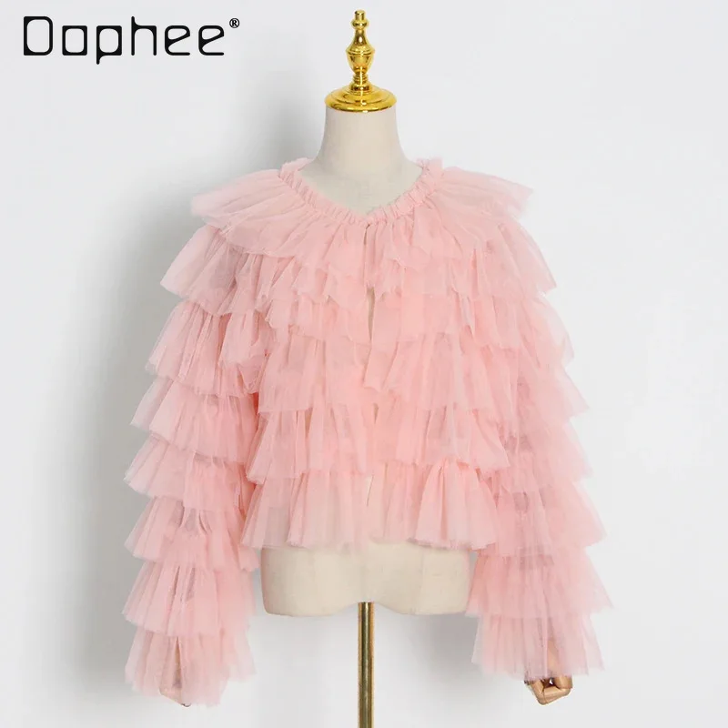 

Летняя новая европейско-американская элегантная модная индивидуальная сетчатая однотонная рубашка с длинным рукавом уличная модная короткая блузка женская