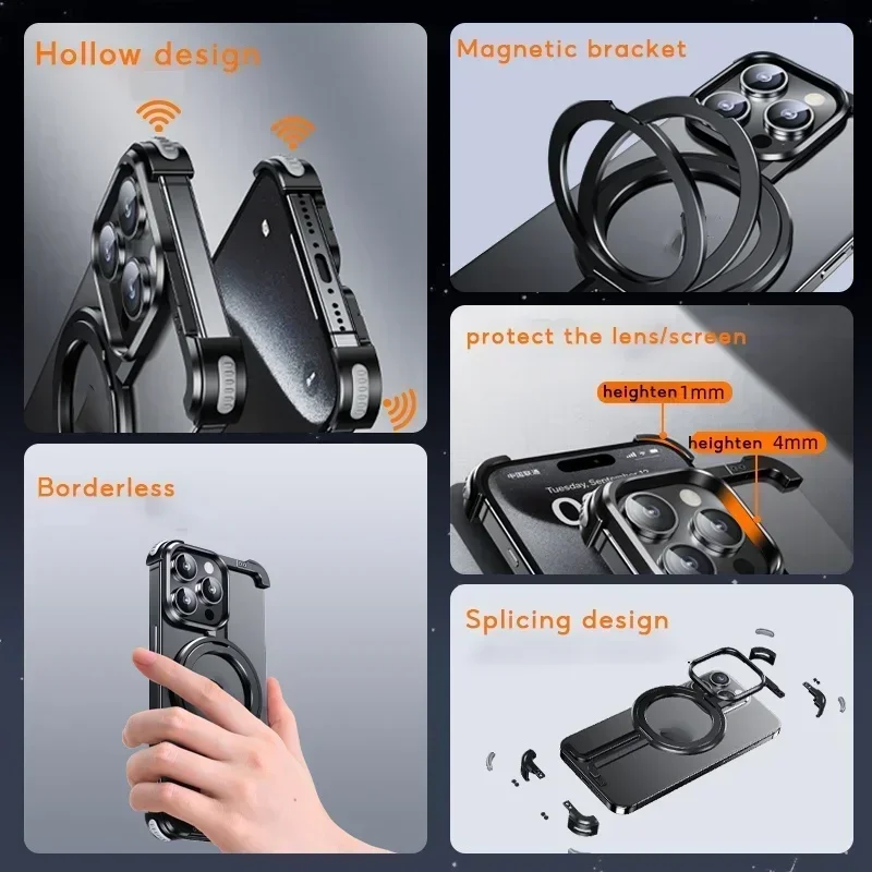 Oatsbasf Metal Frameless Phone Case for iPhone 16/16 pro/16 Pro Max Heat Dissipation Protective Phone Cover Built-In Stand