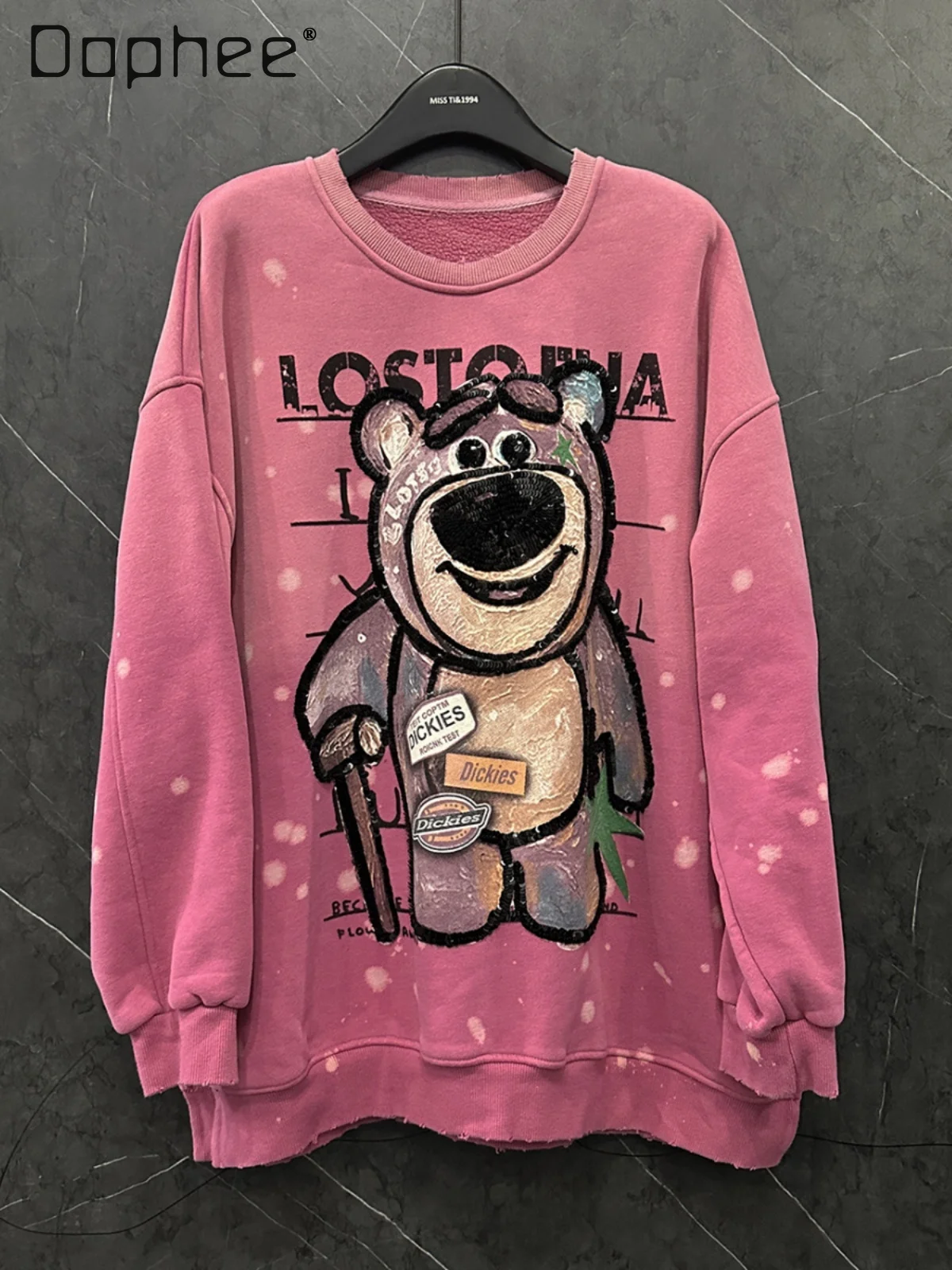 

Autumn and Winter New Sweet Cartoon Bear Fleece Sweatshirt Women's Loose Casual Gradient Color Pink Round Neck Pullover Top