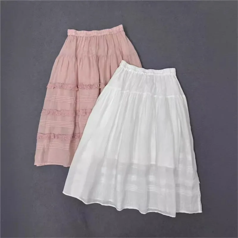 Johnature Japanese Forest Ramie Pressed Pleated Skirts 2024 New Loose Lace Large Hem Vintage Mori Skirts Summer