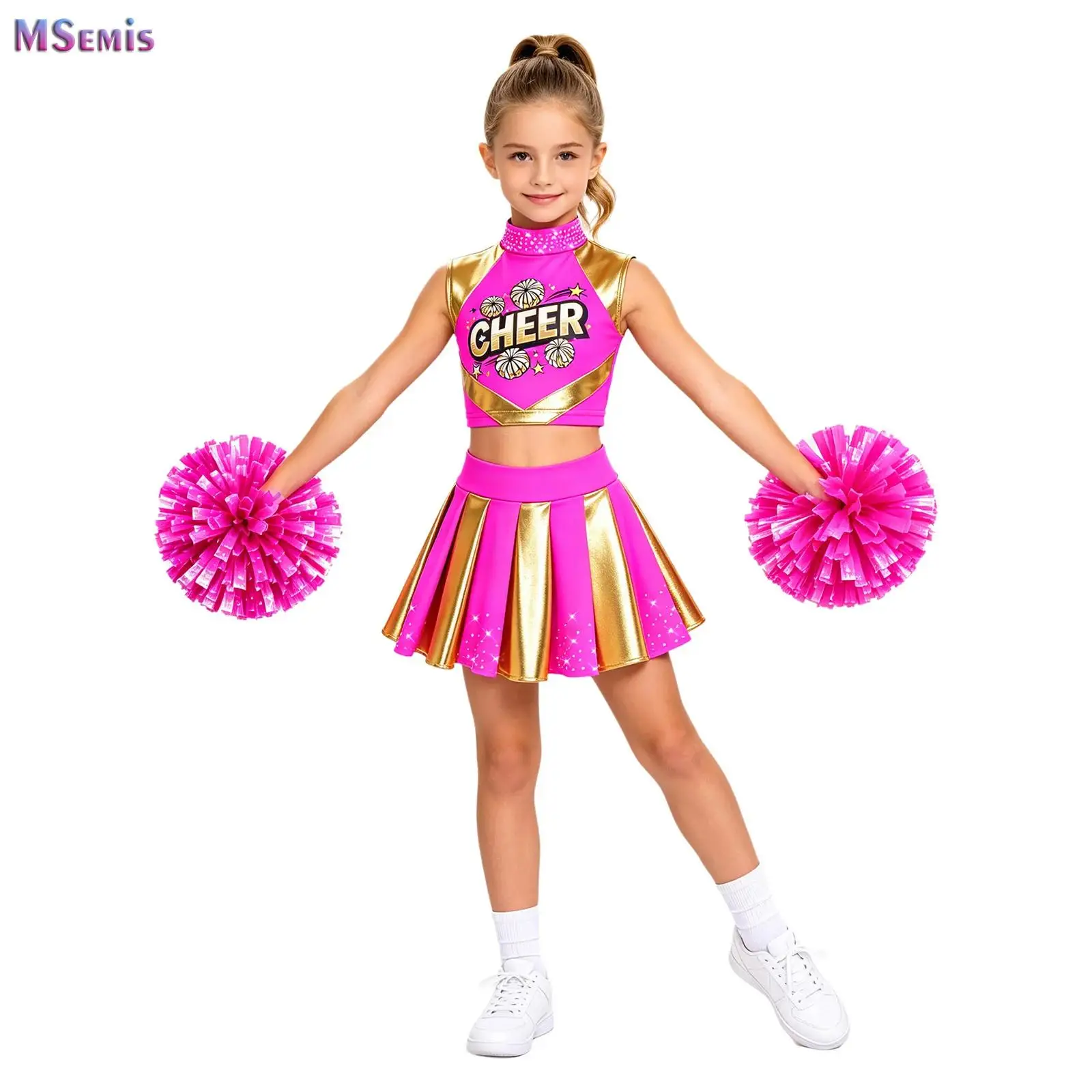Kids Girls Cheerleader Dance Costume Streetwear Shiny Rhinestone Mock Neck Sleeveless Letter Print Crop Top+Ruffle Pleated Skirt