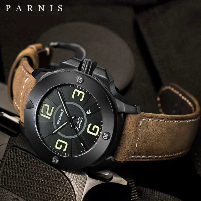 Fashion Parnis 47mm Black Mechanical Men Green Word Automatic Watch Sapphire Crystal Leather Strap Men Wristwatches reloj hombre