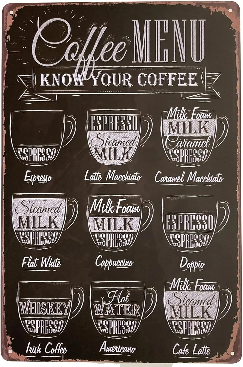 Letrero de pared de metal de estaño | Menú de bar para amantes del café con recetas de café | Póster decorativo divertido para el hogar, bar, habitación, garaje, cocina, diciembre