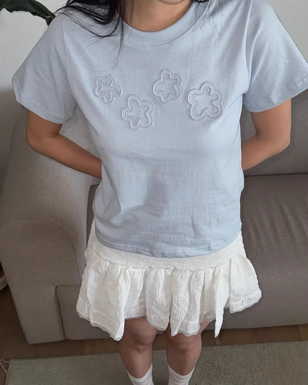 Y2k Leisure Fashion Harajuku Gothic Summer Cute Four Small Flower Patch Slim Fit Short Sleeved T-shirt Top Emo Women Clothing