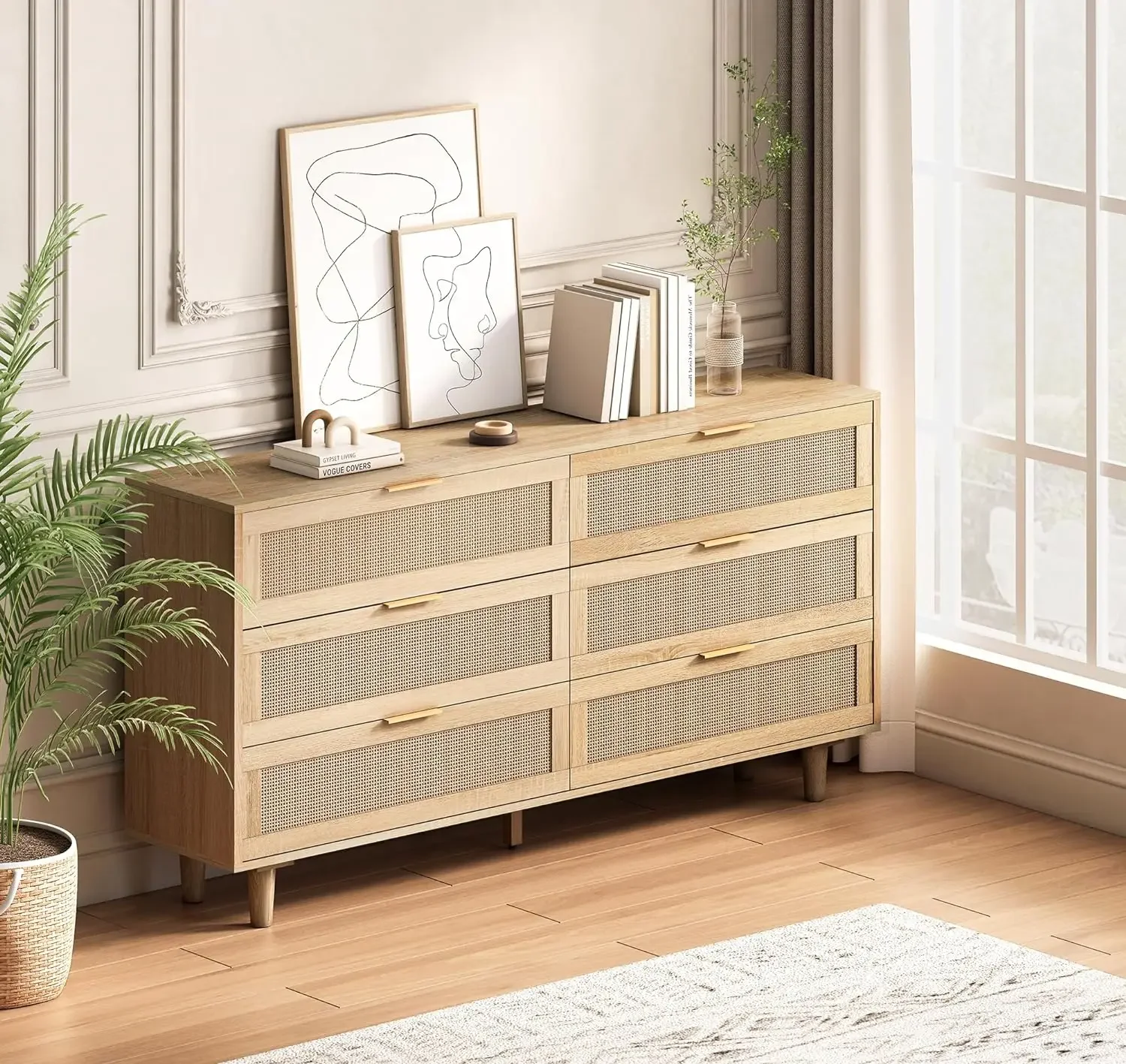 MELChest-Commode double pour chambre à coucher, commode moderne en rotin naturel, armoire de rangement en bois avec foy doré, 6