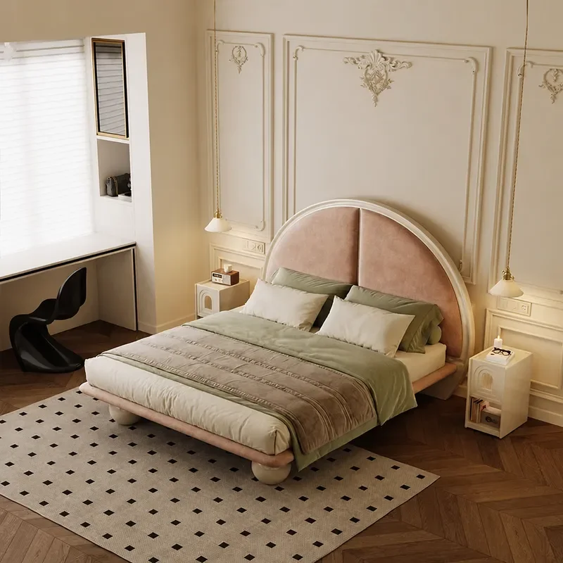 Retro Solid Wood Bed Modern Simple Cream Style Semi Round Princess Bed American Light Luxury Master Bedroom Double Bed