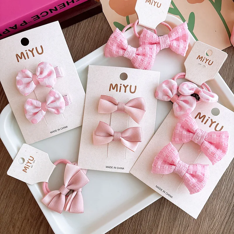 

2PC Pink Cotton Dot Spot Printed Bow Hair Clips Baby Girl Elastic Hairbands BB Barrettes Kid Hair Rubber Bands Headwear