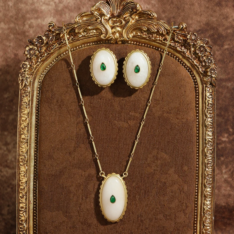 Vintage Antique Oval Pendant Jewelry Sets Green Glaze White Marble Necklace Earrings Trends 2026 High Quality Luxury Party Gifts
