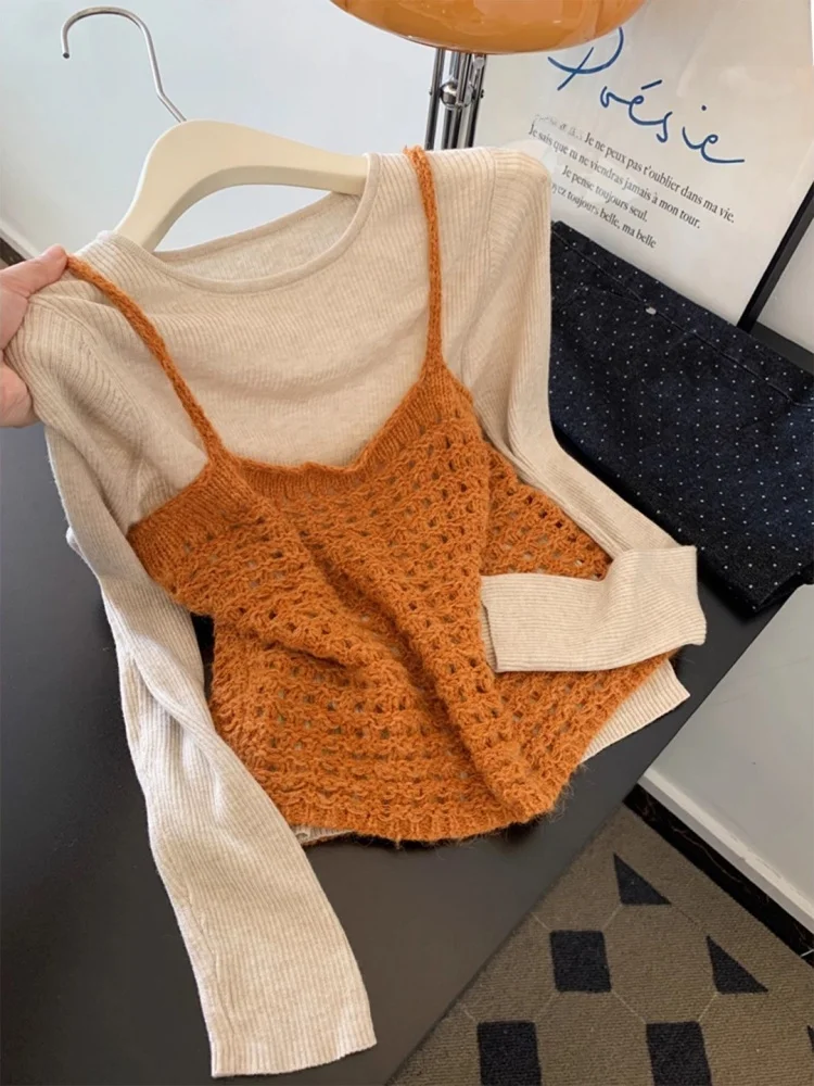 

Оранжевый вязаный укороченный топ и брюки корейского дизайна, женский повседневный топ с длинным светом, теплый базовый слой с вырезами
