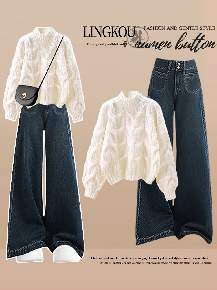 

Elegant plus Size Knitted Sweater Set Women's High-End Korean Style Twisted Knitwear with Slimming Jeans Two-Piece Set