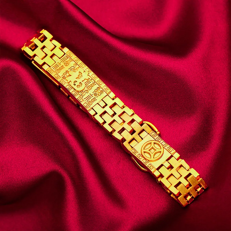 

Men's Fortune Gold Bracelet Live Wholesale! 24K Gold AU999 Watch Chain Style, Chain Texture + Fortune Bead Micro-Carving