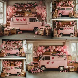 Valentine's Day Photography Background Pink Bus Floral Arch Decoration Backdrop Baby Shower Couple Portrait Photo Studio Props
