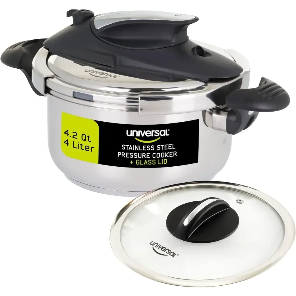 Universal 4.2 Quart / 4 Liter Stainless Steel Easy Use Pressure Cooker + Extra Glass Lid, Induction Compatible, Pressure Cooker