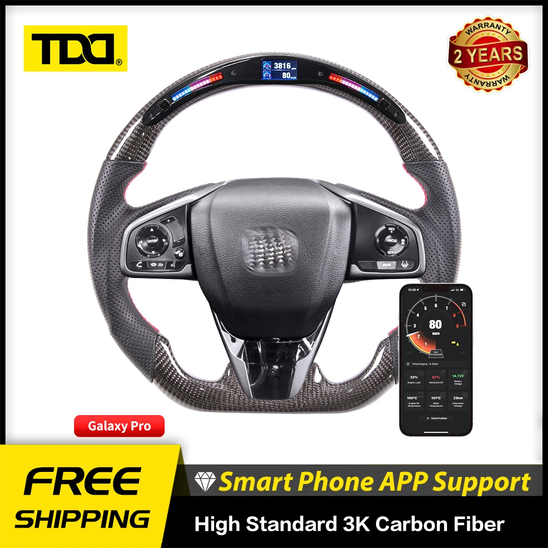 TDD Carbon Fiber Customized Galaxy Pro LED Steering Wheel for Honda civic D-shaped Flat-bottom Perforated Leather Steering Wheel