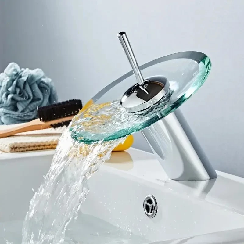 

Смесители для ванной комнаты с водопадом, смеситель для раковины, хромированный смеситель для горячей и холодной воды, однорычажный стеклянный круглый смеситель, монтируемый на палубе