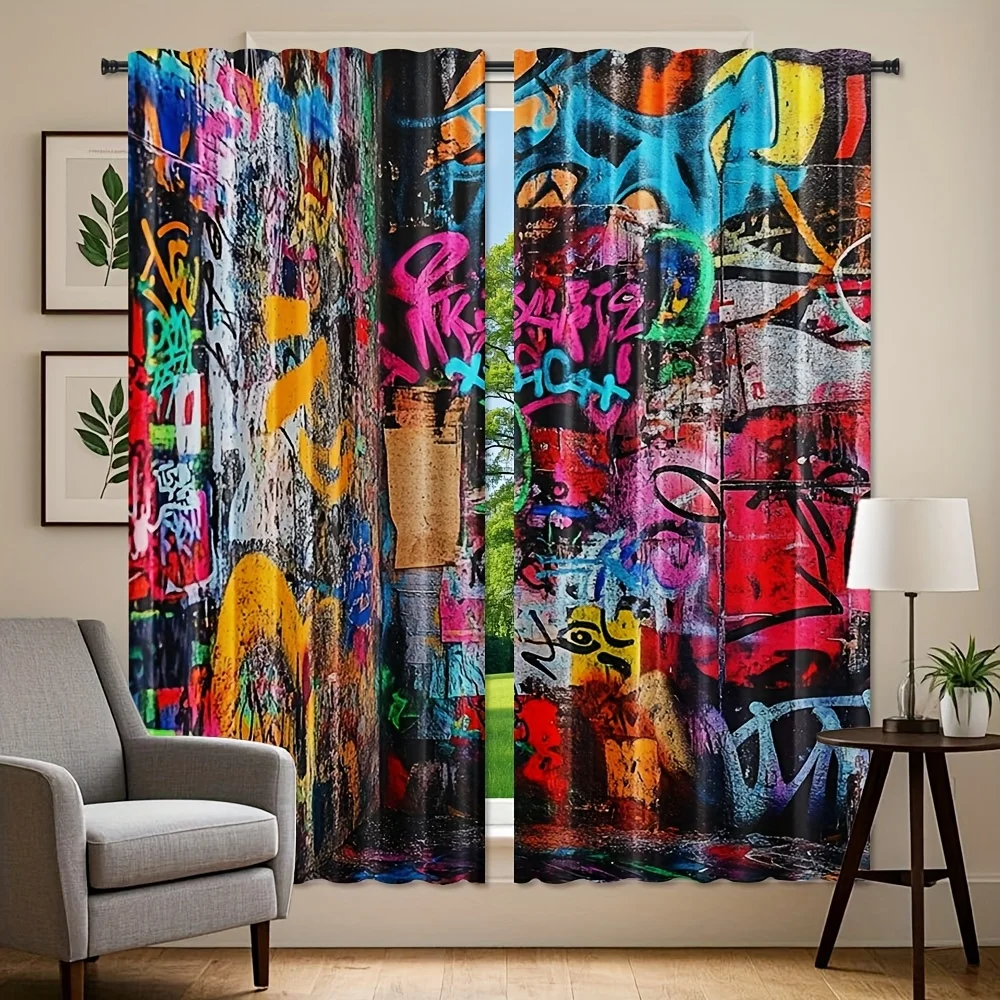 2PCS Digital Print Curtains, Colorful Hip Hop Graffiti, Urban Style