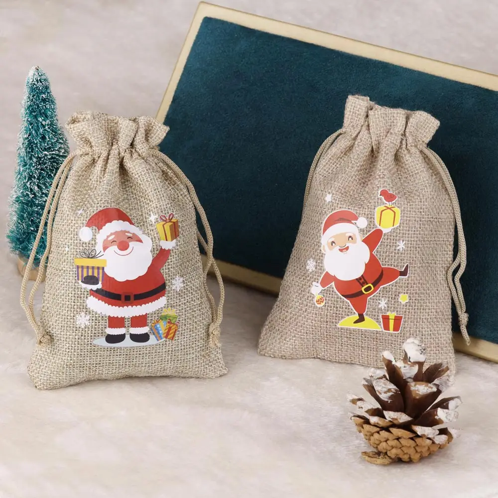 10pcs Christmas Candy Gift Bag Santa Claus Patterns Natural Jute Bags Burlap Drawstring Pouch Jewelry Packaging Party Gift Bag