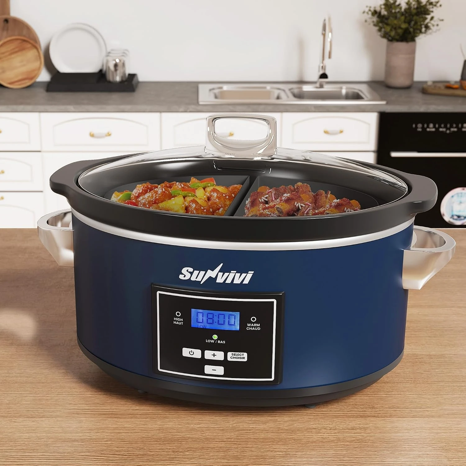 6 Quart Slow Cooker With 2 In 1 Silicone Liners, Programmable Multi Cooker Food Warmer, Digital Timer And Temp Control, Blue
