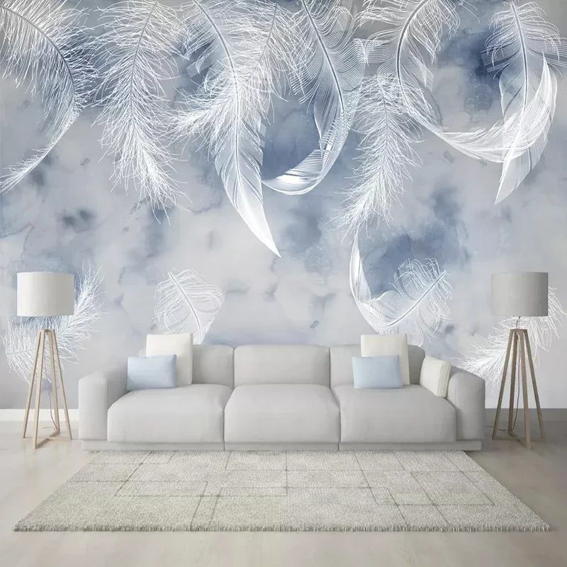 Nordic Handgeschilderde Kleine Verse Blauwe Veren Foto Wallpapers Muurschildering Woonkamer TV Achtergrond Waterdichte Home Decor Wanddoek