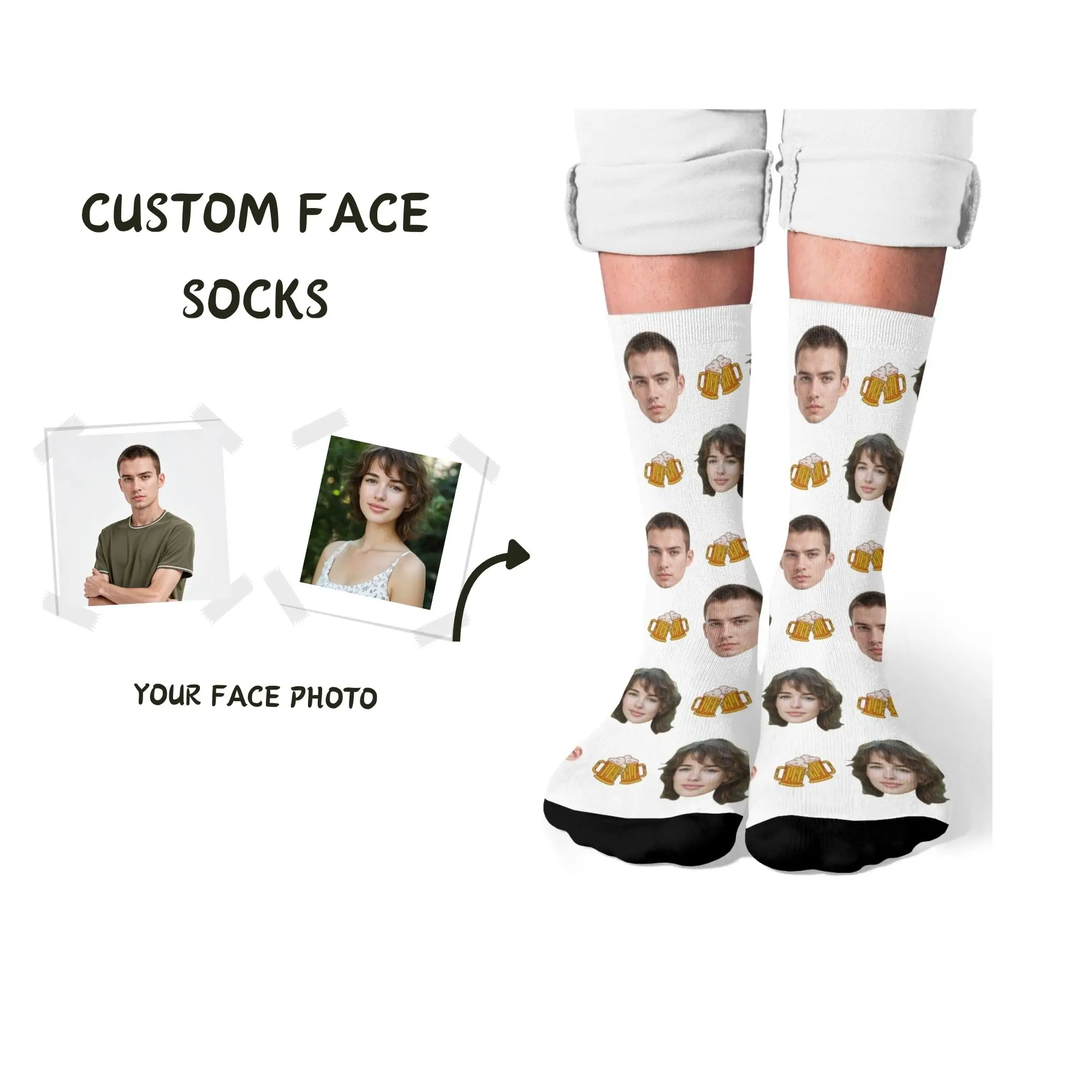 

Couple’s Custom Beer Socks Personalized Print with Two Lovers’ Faces Vibrant Beer Soft White Fabric Couple Sweet Beer Date