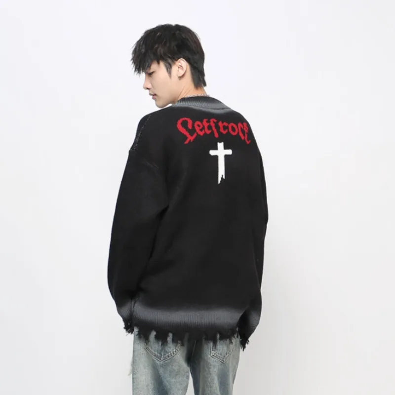 MWJLPWQ American High Street Design Sprühfarbe Herrenpullover Trendy Einreiher Casual Paar Lazy Style Strickoberteile 21116