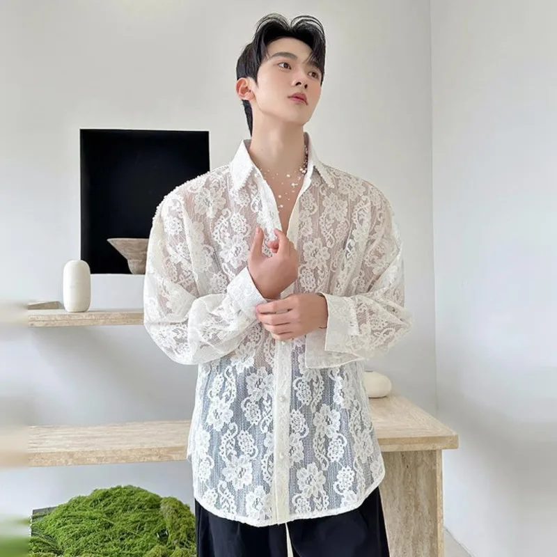 WVGA Summer New Men's Lace Semi-transparent Trendy Long Sleeve Shirts Niche Chic Casual Beaded Decoration Design Tops Ins W21727