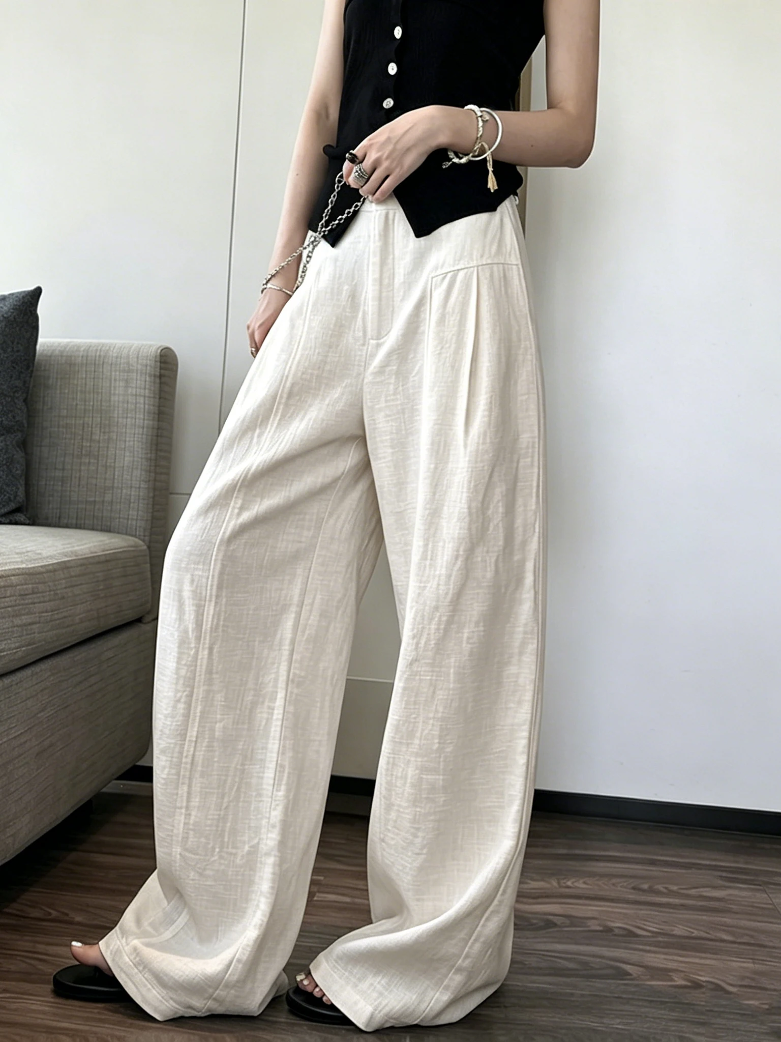 

Cotton Linen Wide Leg Pants Women's Summer New Loose Slimming Drapey Loose Versatile Thin Linen Floor-Length Pants