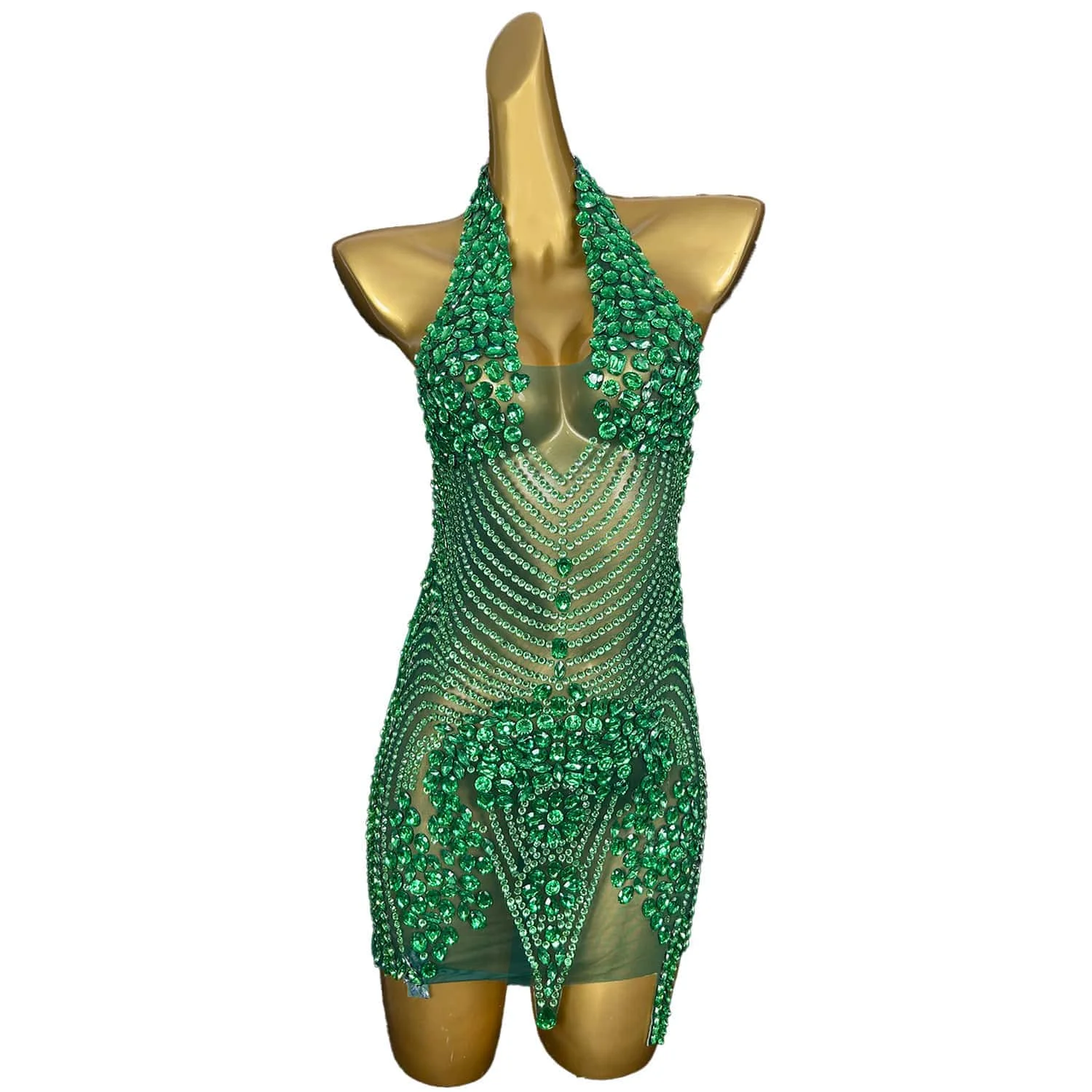 Meilv-vestido de noche con espalda descubierta para mujer, traje de fiesta de cumpleaños con diamantes de imitación verdes transparentes, ropa de escenario corta para cantante