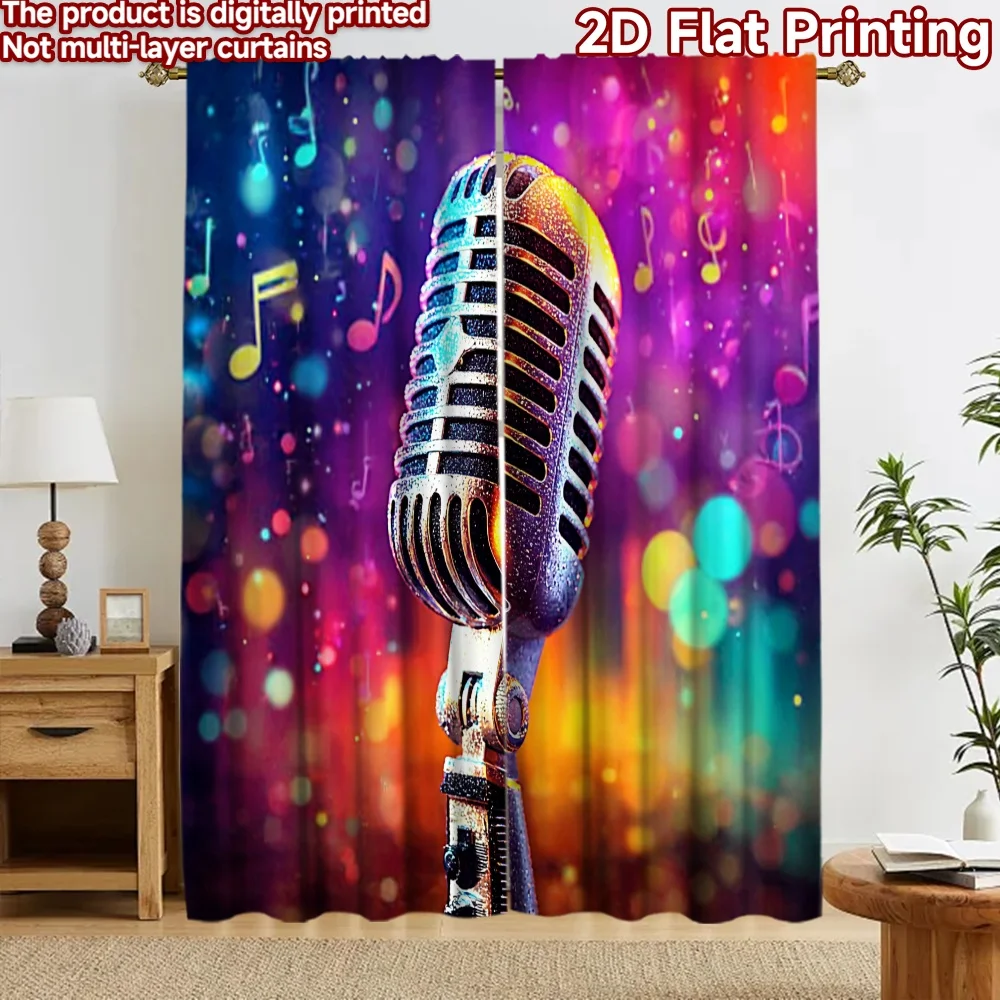 2D flat 2pcs Curtain Vintage drapes Curtains Retro Microphone Digitally printed polyester Festive Holiday Use for Bedroom Living