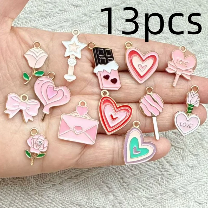 13pcs Alloy enamel pink Valentine's Day Pendant Jewelry Making DIY Keychain Earrings Charms for Jewelry Bracelets Necklace