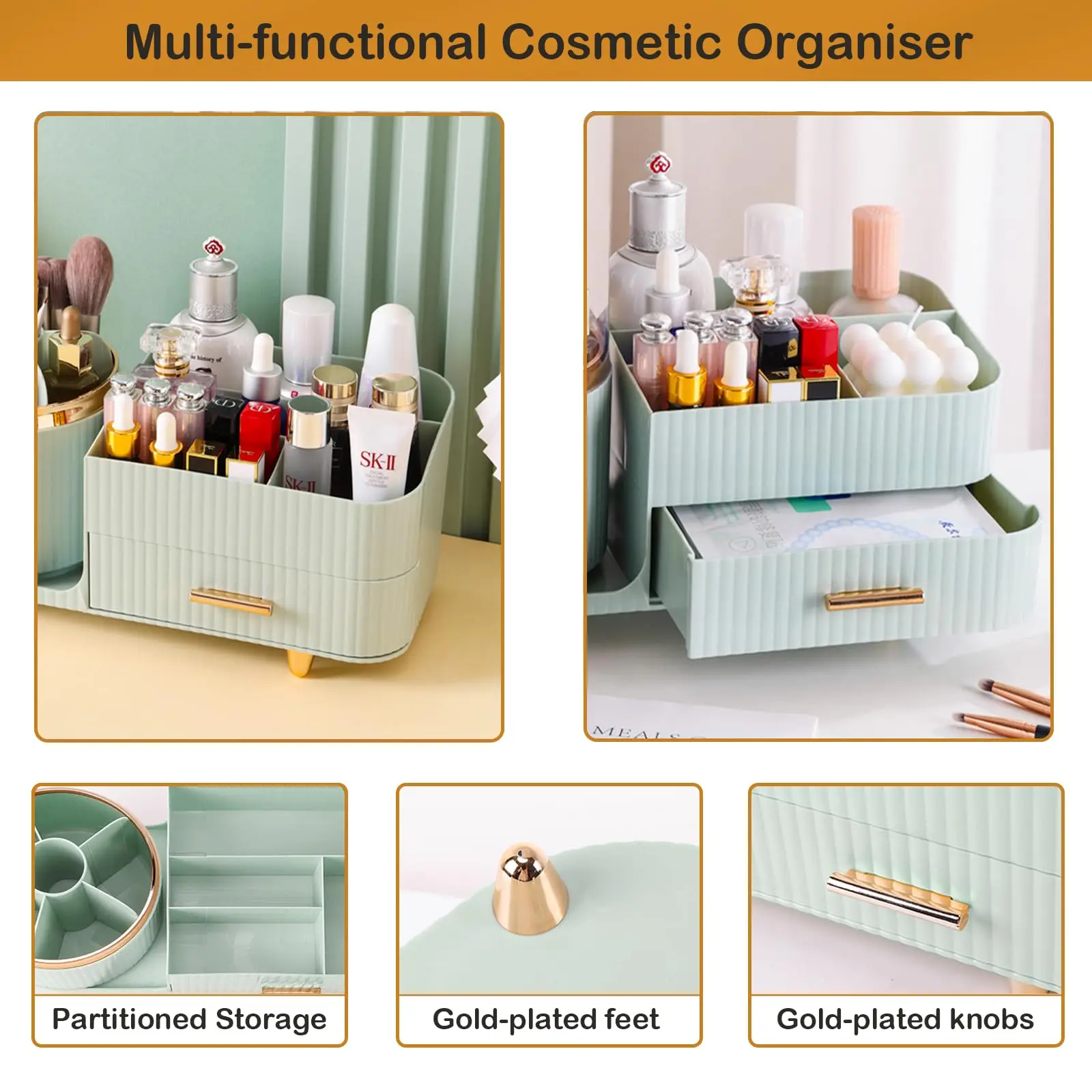 360 Rotating Makeup Organizer for Vanity with Brush Holder Drawer Large Spinning Cosmetic Storage Box For Women Gift